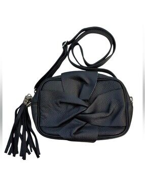 Borse In Pelle Made In Italy Pebbled Leather Black Bow Crossbody Shoulder Bag